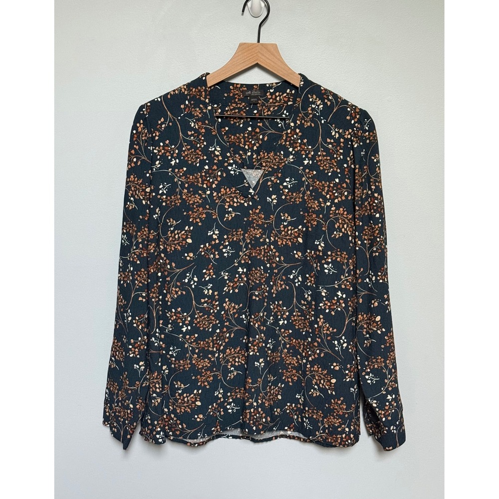 J. Jill Wearever Floral V-Neck Popover Blouse Navy Long Sleeve Crepe Top Size L